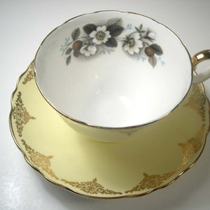 Crown Staffordshire Tea Cup and Saucer, Yellow tea cup and saucer set, Floral Teacup and Saucer.
