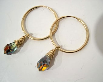 Gold Filled Hoop Earrings with Wire Wrapped Briolettes, Swarovski Crystal Earrings,