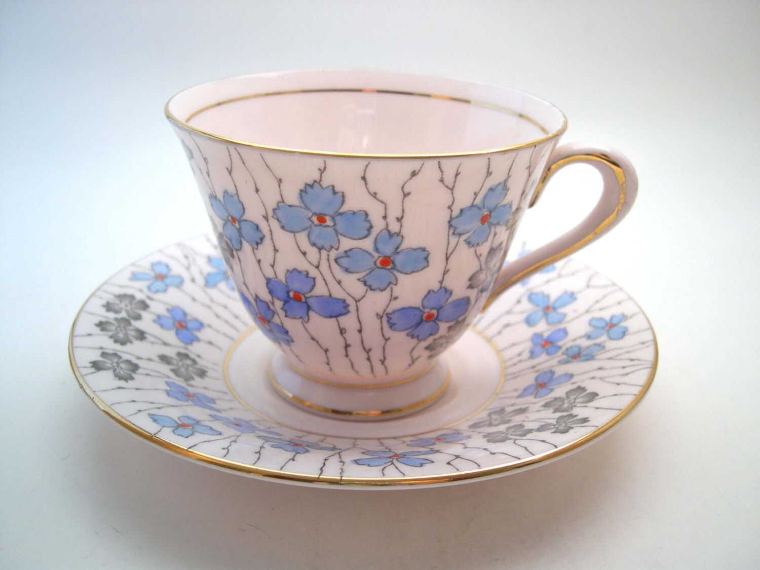 Pink Handpainted Tuscan floral tea cup and saucer unique English tea set gift for her