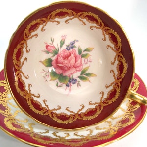 Vintage Aynsley Maroon Red and Gold Tea Cup & Saucer Set – Exquisite 1930s English Bone China Tea Set&quot;