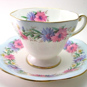 Foley Tea Cup and Saucer, Light Blue and white tea cup and saucer set,  Cornflower border, English Bone China