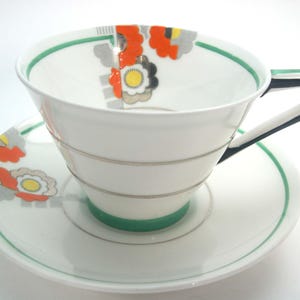 Royal Paragon Art Deco Hand painted Tea cup and Saucer,  White, Green and Black tea cup and Saucer.