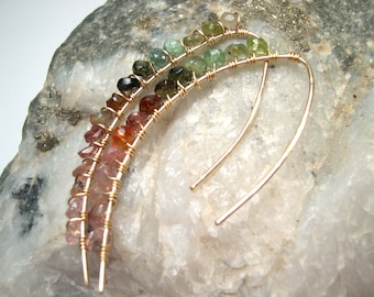 Handmade Watermelon Tourmaline Gold Filled Threader Earrings