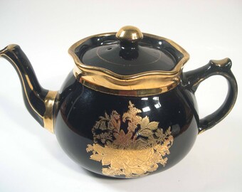 Antique Arthur Wood Teapot, Black and Gold Teapot, 1954's