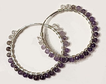 Amethyst Endless Hoop Earrings,  Natural Gemstones Hoop Earrings, February Birthstone,  925 Sterling Silver Earrings.