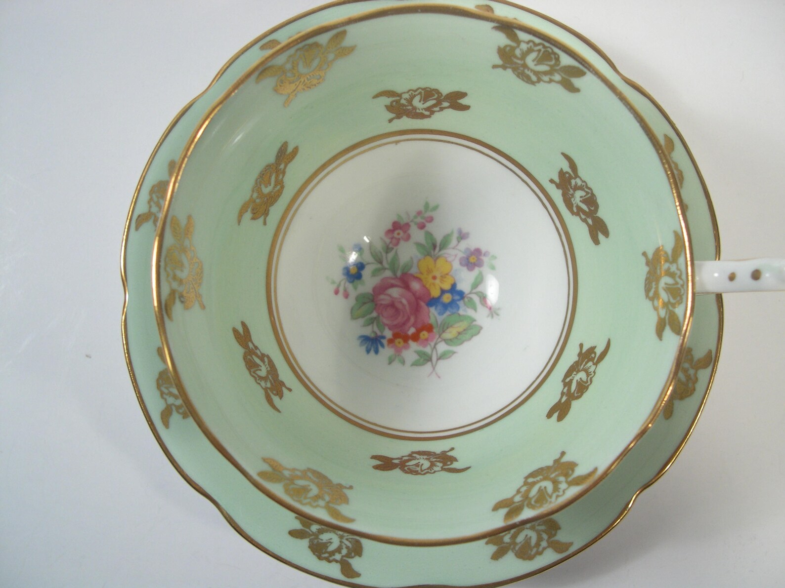 Collingwoods Tea Cup and Saucer: Mint Green Floral With Gold Roses ...