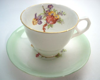 Royal Stafford Tea Cup and Saucer, Mint Green  tea cup and saucer set, Floral tea cup.