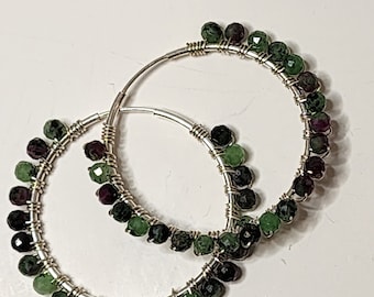 Ruby Zoizite Endless Hoop Earrings,  Natural Gemstones, 33 mm Hoop Earrings,  925 Sterling Silver Earrings.