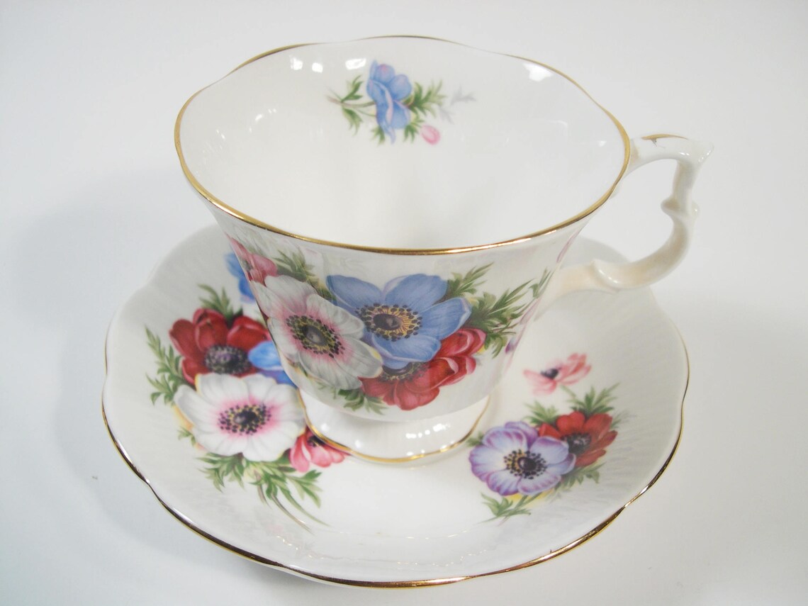 Royal Albert Tea Cup and Saucer, White With Pink, White and Blue