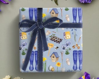 Spring Gardener Wrapping Paper, Garden Gift Wrap, Spring Gift Wrap, Blue Wrapping Paper, Gift wrap for Gardener, Garden lover, Mother's day