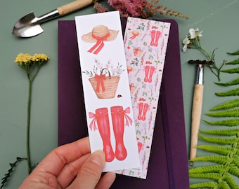 Double Sided Gardener Bookmark, Illustrated Bookmark, Pink Bookmark, Gardener Gift, Book Lover Gift, Floral Bookmark, Summer Bookmark