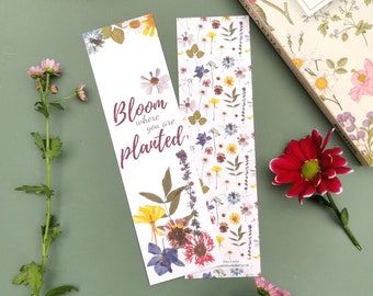 Double Sided Pressed Flower Bookmark, Bloom Where You Are Planted, Cottagecore Bookmark, Book Gift, Botanical Bookmark, Floral Bookmark