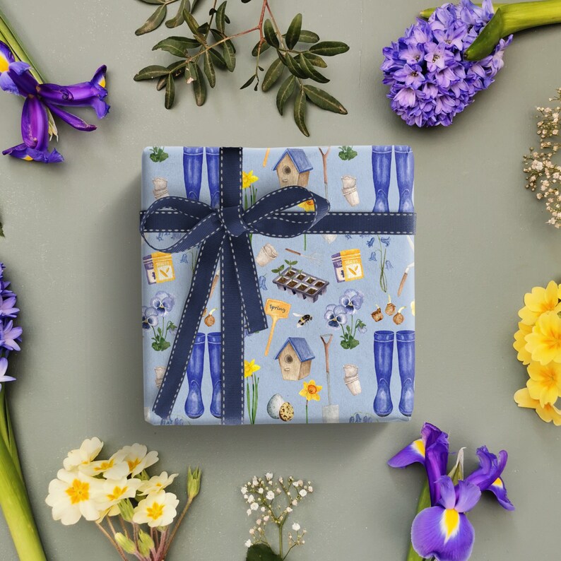 Spring Gardener Wrapping Paper, Garden Gift Wrap, Spring Gift Wrap, Blue Wrapping Paper, Gift wrap for Gardener, Garden lover, Mother's day image 1