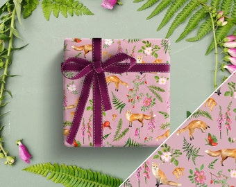 Fox Wrapping Paper, Floral Gift Wrap, Pink Gift Wrap, Nature Wrapping Paper