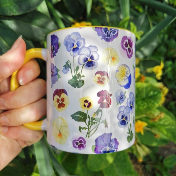 Pansy Mug, Pansy Flower Mug, Yellow Coffee Mug, Cottagecore Mug, Flower Mug, Tea Lover Gift, Floral Cup, Watercolour Flowers, Yellow Mug,