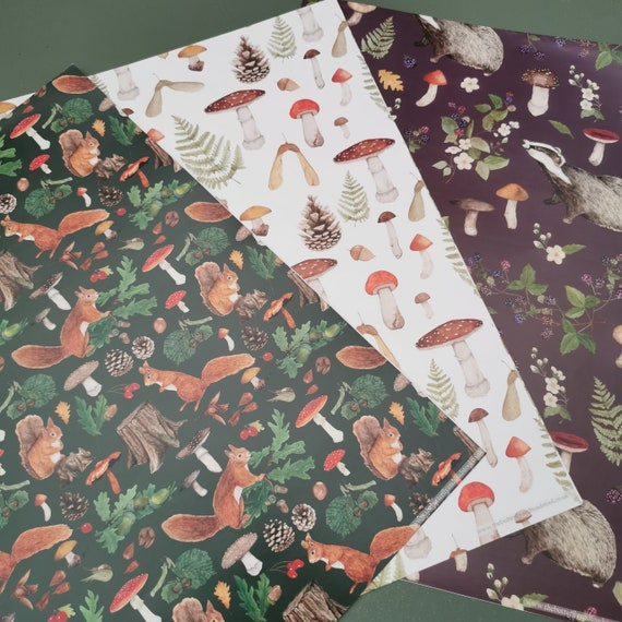 Forest Gift Wrap for Nature Lover Woodland Themed Wrapping Paper Inc.  Mushroom Gift Wrap Squirrel Gift Wrap Badger Gift Wrapping Paper 3PK 