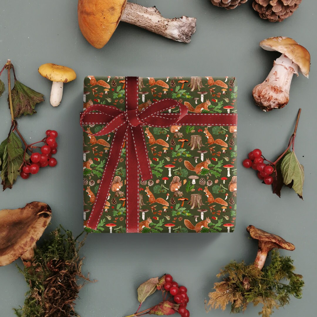 Wrappily Eco-Friendly Wrapping Paper — Holiday Squirrel & Mushrooms -  What's Good