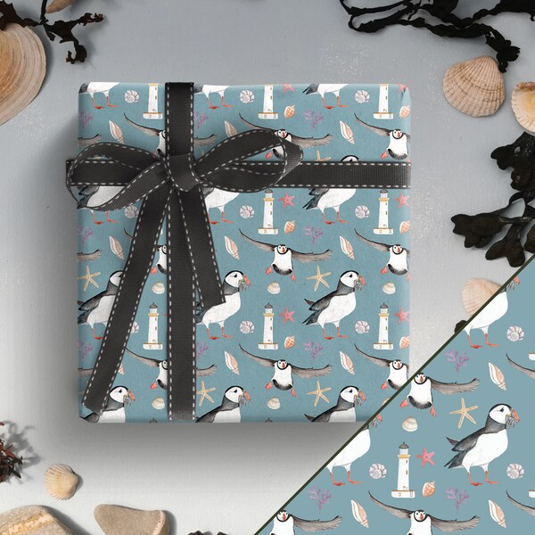 Puffin Wrapping Paper, Puffin Gift Wrap, Coastal Gift Wrap, Birthday Wrapping Paper, Coastal Pattern Paper, Bird Gift Wrap
