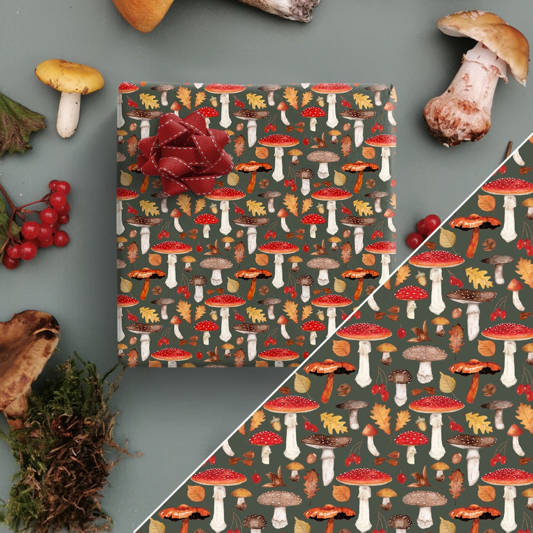 Mixed Mushroom Wrapping Paper, Fungi Gift Wrap, Mushroom Birthday Gift Wrap,  Forest Wrapping Paper, Toadstool Wrapping Paper 