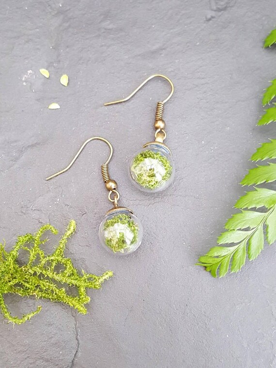 Forest Moss Drop Earrings \u2022 Terrarium Dangle Earrings \u2022 Resin Globe Earrings \u2022 Green Terrarium Jewellery \u2022 Earrings for Forest Wedding