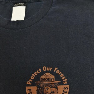 Pu&ograve; includere: T-shirt blu navy scuro con grafica circolare di Smokey Bear con cappello da ranger, con testo "Protect Our Forests" e "Prevent Wildfires". La maglietta ha girocollo e un'etichetta sul retro.