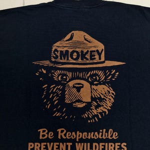 Pu&ograve; includere: T-shirt nera con grafica marrone di Smokey Bear con cappello da ranger e la scritta "SMOKEY". Sotto, il testo "Be Responsible PREVENT WILDFIRES".