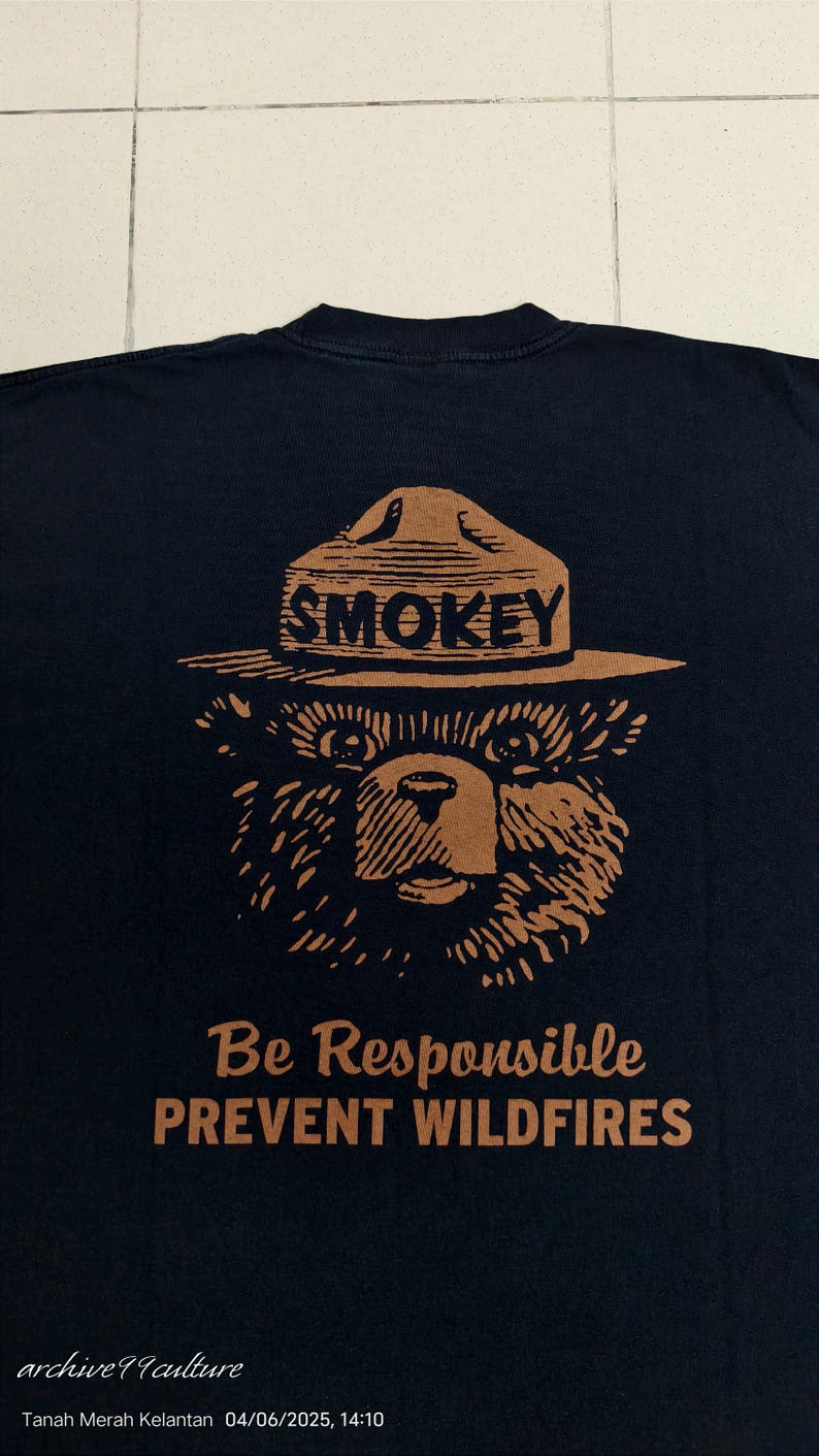 Pu&ograve; includere: T-shirt nera con grafica marrone di Smokey Bear con cappello da ranger e la scritta "SMOKEY". Sotto, il testo "Be Responsible PREVENT WILDFIRES".