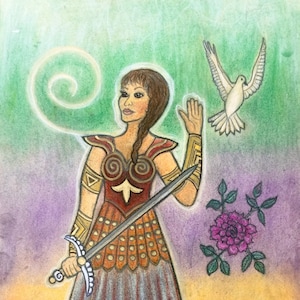 Puede incluir: Una mujer con armadura con una espada, una paloma y una rosa. La mujer lleva un vestido rojo y dorado con una espada en la mano. La paloma vuela sobre su cabeza, y la rosa está en el fondo. El fondo es un degradado de verde, morado y amarillo.
