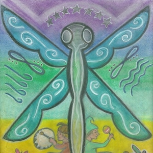 May include: A colorful drawing of a dragonfly with two figures on either side. The dragonfly is blue and green with white swirls. The figures are playing music. One figure is playing a drum and the other is playing a tambourine. The background is a gradient of purple, green, and yellow.