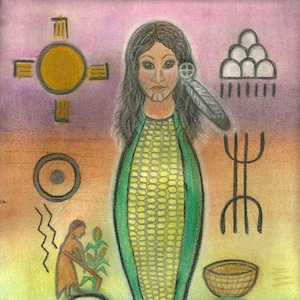 Puede incluir: Un dibujo colorido de una mujer nativa americana con cabello largo y oscuro, vistiendo un vestido de mazorca de maíz verde y amarillo. El fondo presenta un símbolo solar, una cesta y otros símbolos nativos americanos.