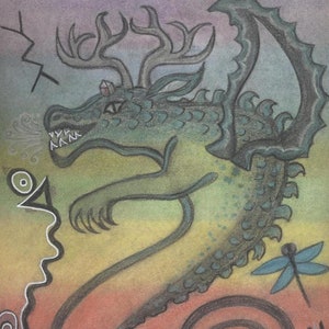 May include: A green and black dragon with antlers and a pink gem on its forehead. The dragon is breathing fire and has a long, curled tail. The background is a gradient of purple, blue, green, yellow, orange, and red. There are various abstract symbols and a blue dragonfly in the background.