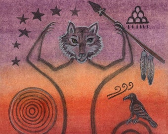 Wolf Warrior & Teacher Spirit Gateway Petroglyph Portrait for Pineal Gland Health by shamanic artist healer  Azurae Windwalker