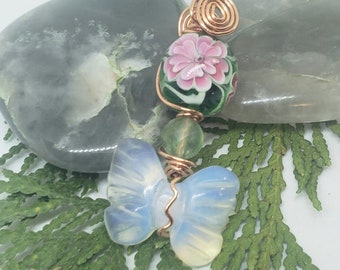 Opalite Glass Butterfly & Emerald Lampwork Floral Bead LIFEforce Amulet  Healing Joy Necklace  by shamanic healing artist Azurae Windwalker