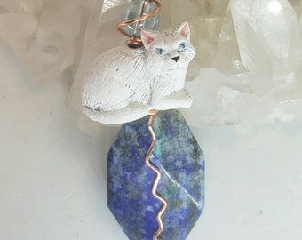 Lapis, Aqua Aura White Cat Intuitive Metaphysical LIFEforce Energy Orgone Amulet Totem Necklace by shamanic healing artist Azurae Windwalker