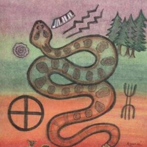 Puede incluir: Una ilustración colorida de una serpiente con una cola en espiral, rodeada de varios símbolos, incluyendo una cruz, un símbolo yin-yang, una fogata y un árbol. La serpiente es marrón, verde y naranja, y el fondo es un degradado de rosa, naranja y verde.