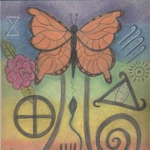 Puede incluir: Un dibujo colorido de una mariposa con una espiral, una tortuga y otros símbolos. La mariposa es naranja y negra, y el fondo es un arcoíris de colores.