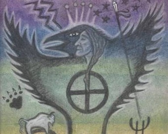 Crow Magic Petroglyph Portrait - Magic, Mystery & Natural Law - by Azurae Windwalker, shamanc artist healer