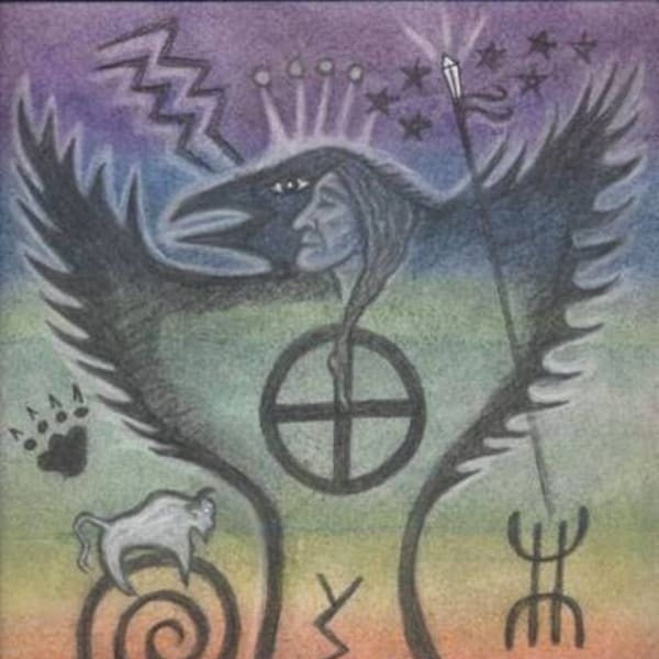 Crow Magic Petroglyph Portrait - Magic, Mystery & Natural Law - by Azurae Windwalker, shamanc artist healer