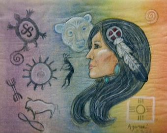 Shamanic Art Medicine Woman & Bear Spirit Totem Petroglyph Portrait by Azurae Windwalker, shamanic healing artist