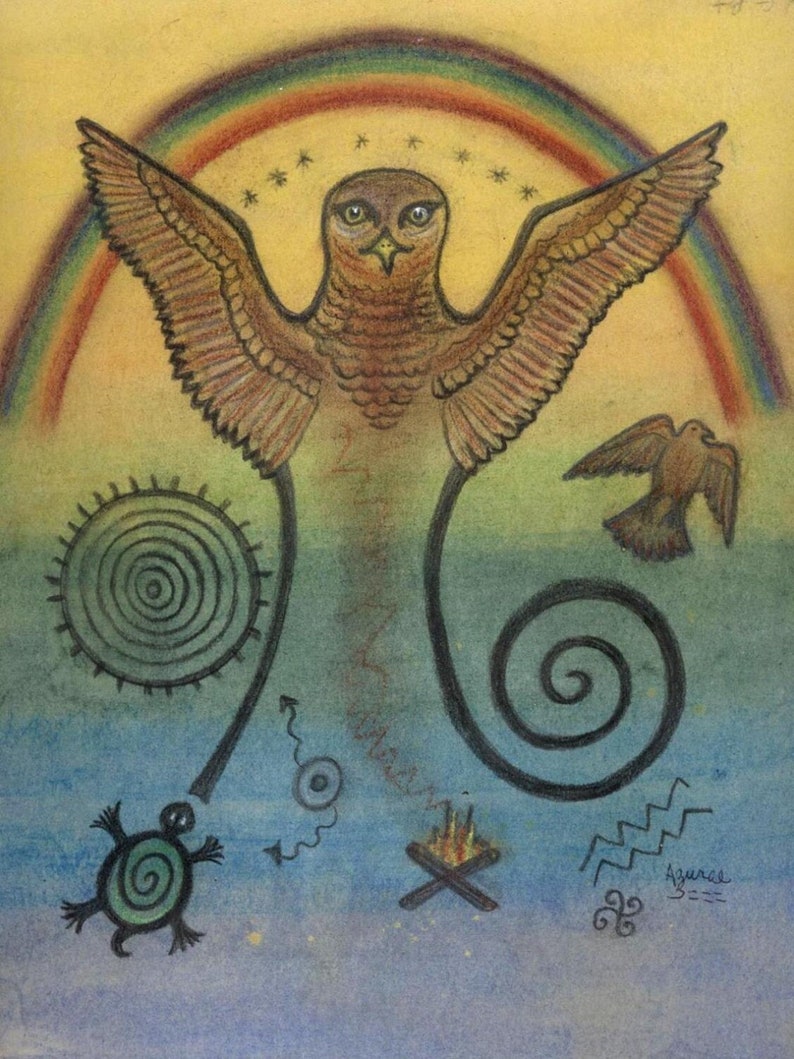 Hawk Messenger Spirit Petroglyph Portrait Gateway Solar Plexus Chakra by Shamanic artist healer Azurae Windwalker image 1