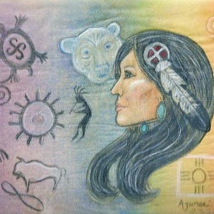 Portrait aux pétroglyphes d'une ours guérisseuse, par Azurae Windwalker, guérisseuse/artiste chamanique
