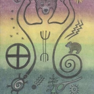 Portrait aux pétroglyphes de force et de guérison de l'ours, puissance du totem, par Azurae Windwalker, artiste guérisseuse chamanique