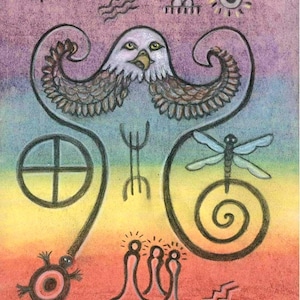 May include: A colourful drawing of a Native American inspired design featuring a bald eagle, a turtle, a dragonfly, and other symbols. The background is a rainbow of colours.