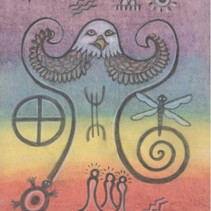 Puede incluir: Un dibujo colorido de un diseño inspirado en los nativos americanos que presenta un águila calva con las alas extendidas, una libélula, una tortuga, tres figuras y un sol. El fondo es un degradado de morado, azul, verde, amarillo, naranja y rojo.