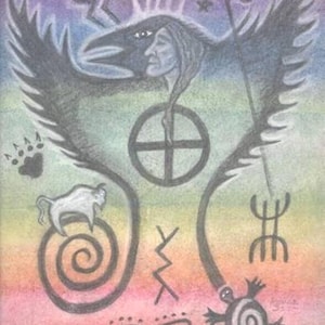 Portrait magique aux pétroglyphes de corbeau - Mystère, intelligence et loi naturelle - par Azurae Windwalker, artiste chamanique guérisseuse