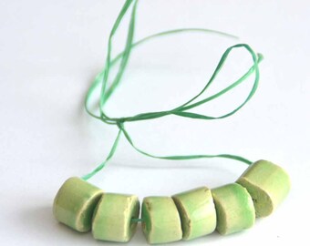 6 pieces of Handmade Ceramic Beads Tube in Grass Green