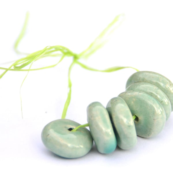 6 pieces Handmade Ceramic Beads Roundel in MintGreen