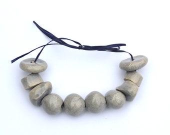 10 pieces of HandMade Ceramic Medium Beads in Various Shapes  in SilverGray as shown on the pictures