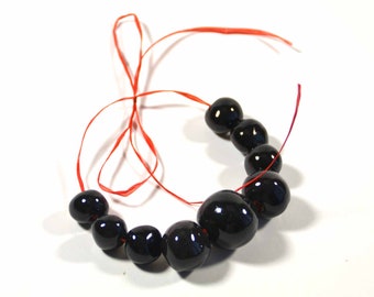 Black Velvet. Handmade Ceramic Round Beads, Set of SizesVarious Sizes, Handpainted with a High Glossy Black Glaze.