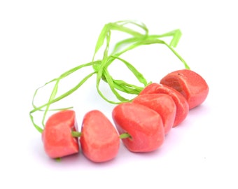 Handmade Ceramic Beads Pebble in Coral Red